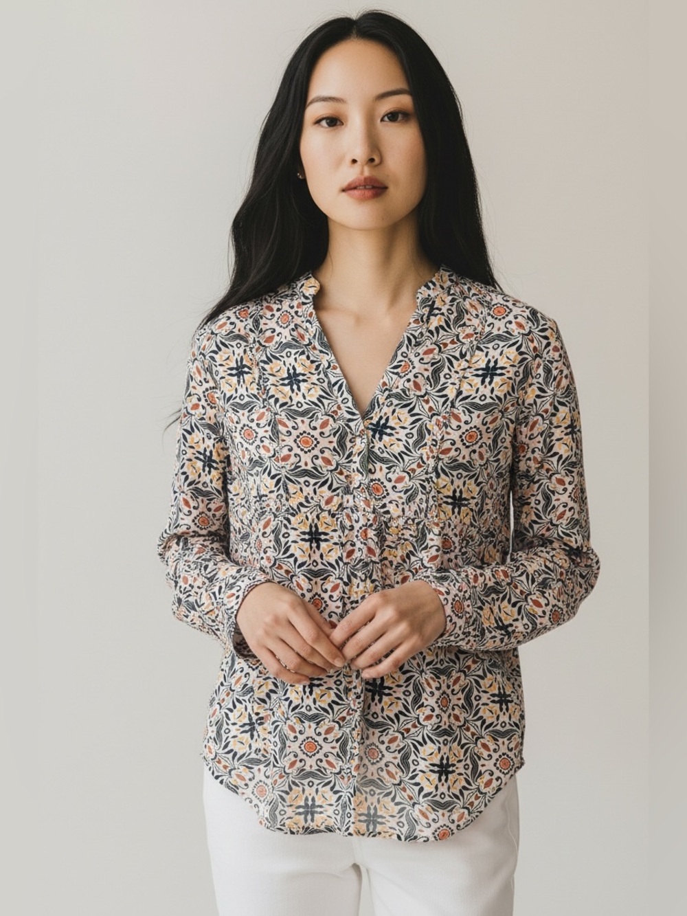 LOFT Navy, Cream & Coral Floral Button-Up Blouse